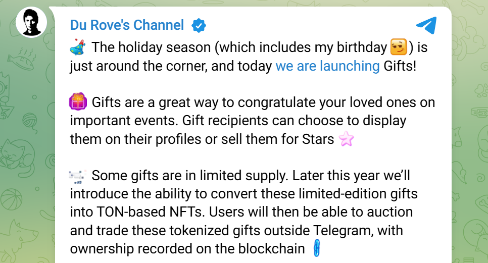 Telegram CEO Pavel Durov's message on the NFT conversion feature for Gifts.